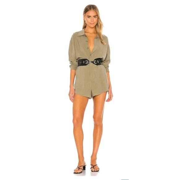 L'Academie Dylan Shorts Romper Olive Green button Front Long Sleeve Pockets Sm - Picture 2 of 9